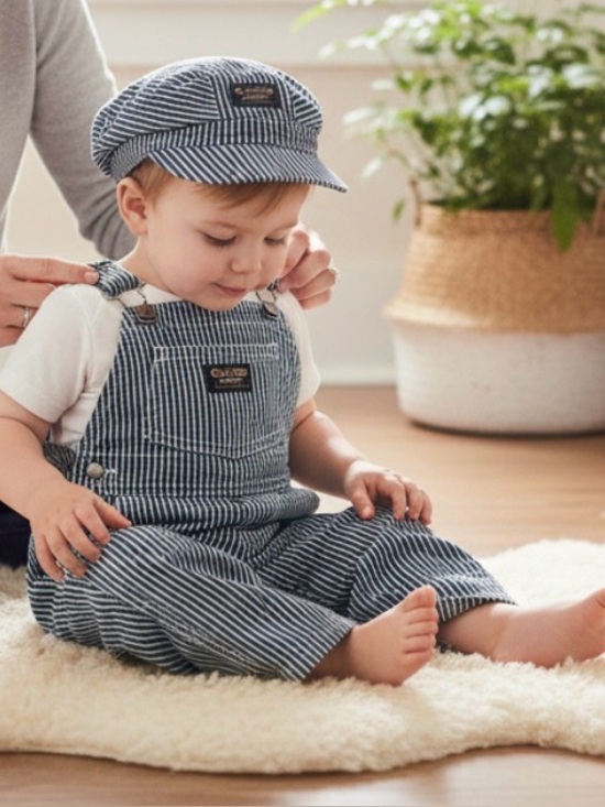 Genuine Kids By Oshkosh Other - OshKosh B'Gosh Train Conductor Blue White Hickory Stripe Overalls 18M Hat 2T-4T